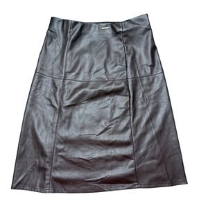 Marc New York Faux Leather Skirt Womens L Espresso Brown Midi A-Line Stretch NEW